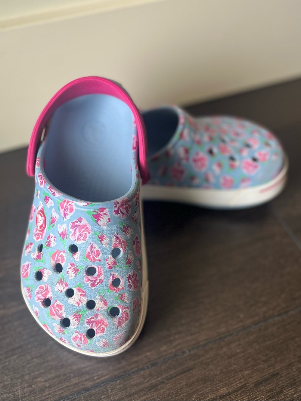 Kids Floral Crocs - Light Blue & Pink